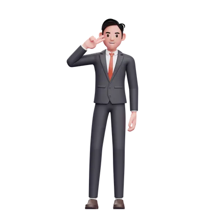 Businessman in formal suit peace sign with finger 3D Illustration