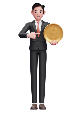 Businessman in formal suit pointing coin  3D Illustration