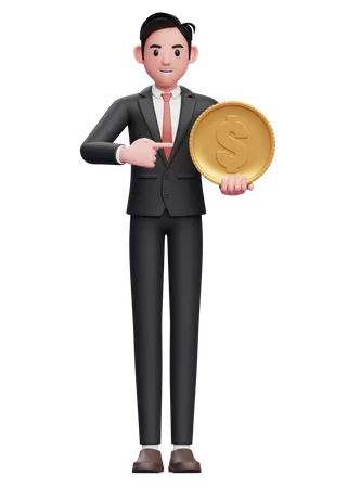 Businessman In Formal Suit Pointing Coin 3 D Illustration Of A Businessman In Format Suit Holding Dollar Coin 3D Illustration