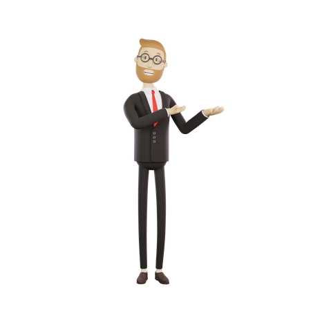 Businessman in glasses demonstrates something  3D Illustration