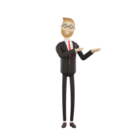 Businessman in glasses demonstrates something  3D Illustration