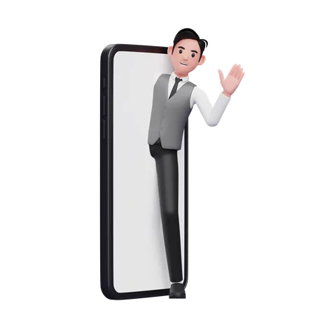 Businessman in gray office vest appears from the phone screen and says hi waving hand  3D Illustration