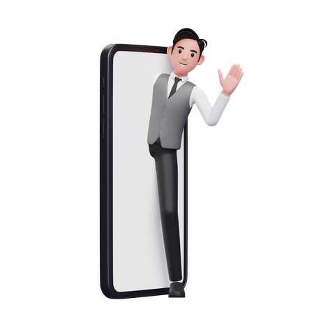Businessman in gray office vest appears from the phone screen and says hi waving hand 3D Illustration