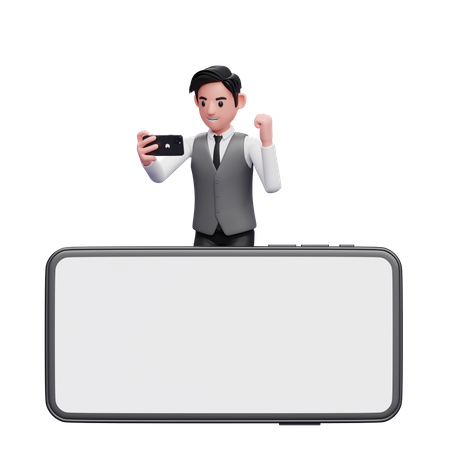 Businessman in gray office vest celebrating while looking phone screen behind big phone landscape screen 3D Illustration