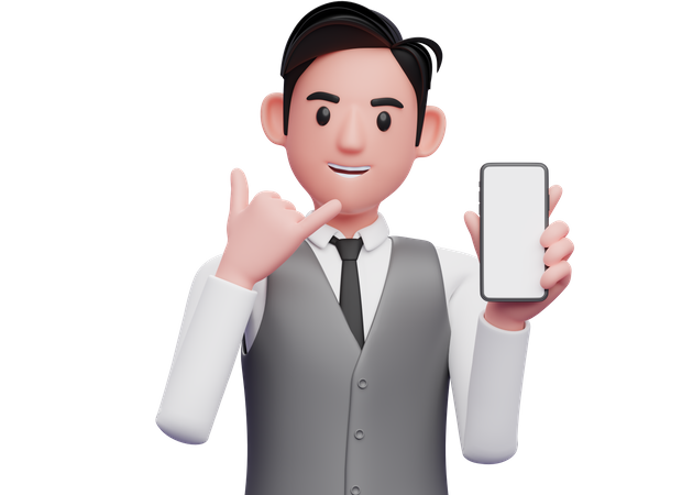Businessman in gray office vest doing call me sign finger gesture with showing phone  3D Icon