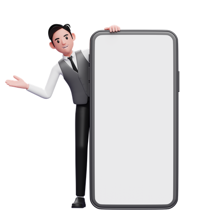 Businessman in gray office vest emerges from behind big phone with open hands  3D Illustration