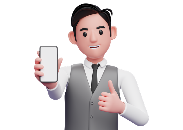 Businessman in gray office vest give thumbs up and showing phone screen to the camera=  3D Icon