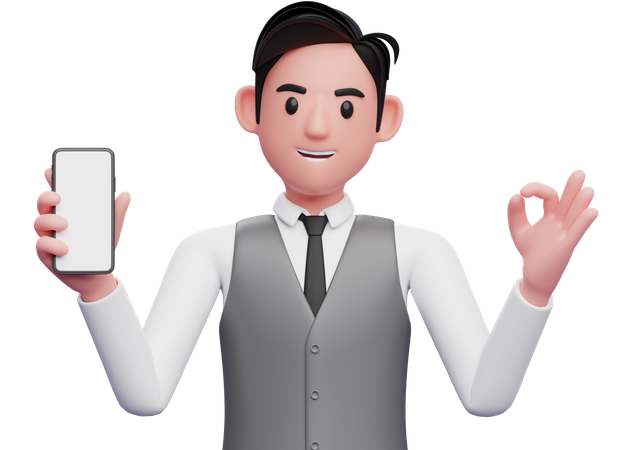 Businessman in gray office vest giving ok finger and holding a mobile phone  3D Icon