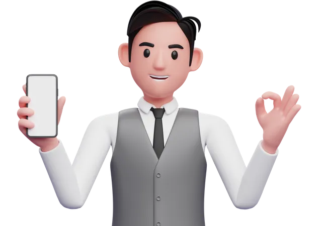 Businessman in gray office vest giving ok finger and holding a mobile phone  3D Illustration