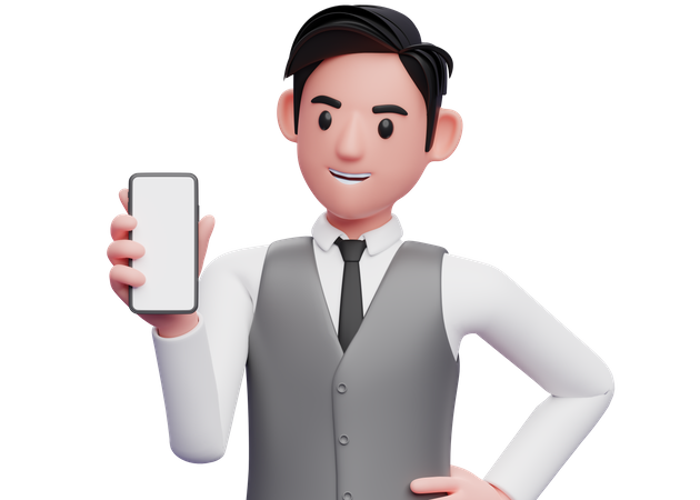 Businessman in gray office vest holding and looking to the phone and left hand on waist  3D Illustration