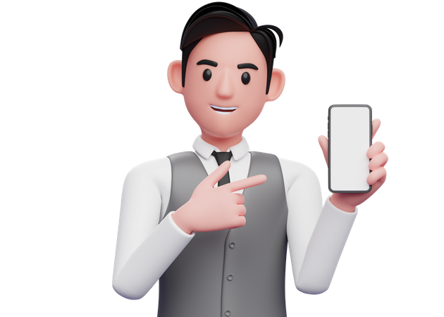 Businessman in gray office vest holding and pointing to phone screen 3D Illustration