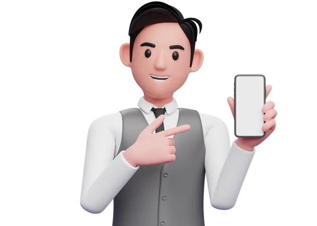 Businessman in gray office vest holding and pointing to phone screen 3D Illustration