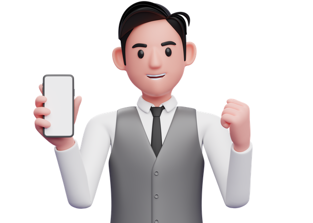 Businessman in gray office vest holding phone and celebrating 3D Illustration