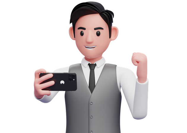 Businessman in gray office vest looking phone screen and celebrating 3D Illustration