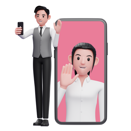 Businessman in gray office vest making video call with partner  3D Icon