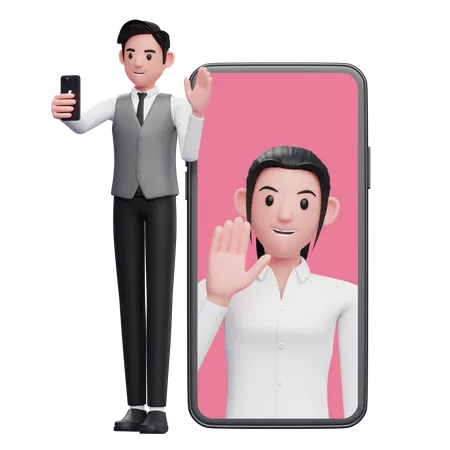 Businessman in gray office vest making video call with partner  3D Illustration