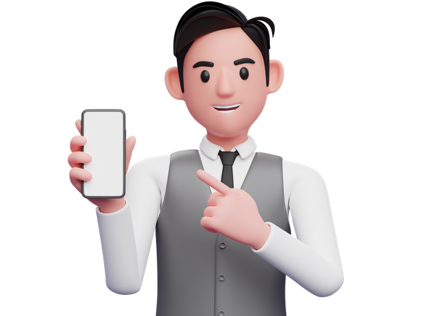 Businessman in gray office vest pointing cell phone with index finger 3D Illustration