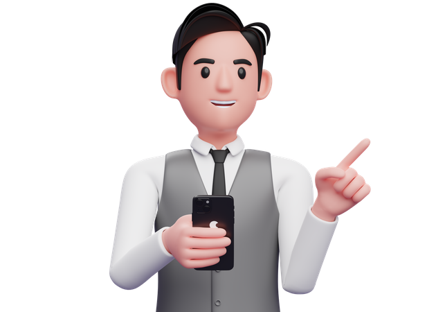 Businessman in gray office vest pointing to the side choosing gesture and holding a phone  3D Illustration