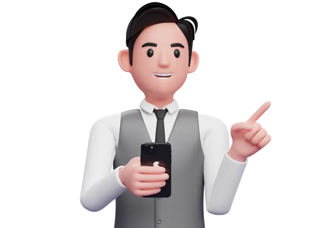 Businessman in gray office vest pointing to the side choosing gesture and holding a phone  3D Illustration