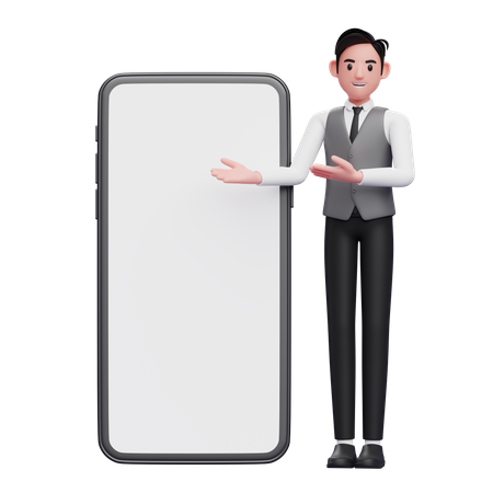 Businessman in gray office vest presenting big mobile phone with white screen  3D Illustration