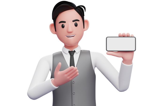 Businessman in gray office vest presenting pose with landscape phone  3D Illustration