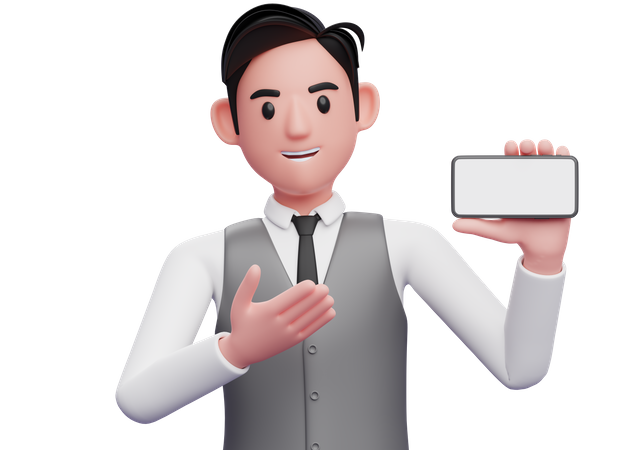 Businessman in gray office vest presenting pose with landscape phone 3D Illustration