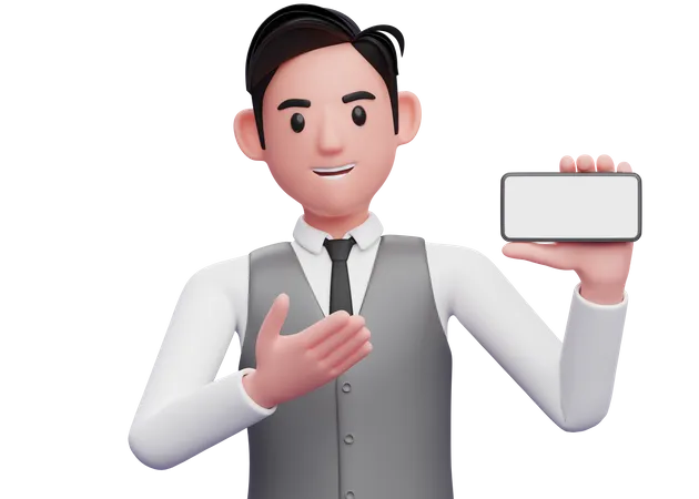 Businessman in gray office vest presenting pose with landscape phone 3D Illustration