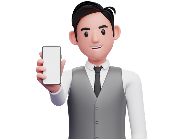 Businessman in gray office vest showing phone screen to the camera 3D Illustration