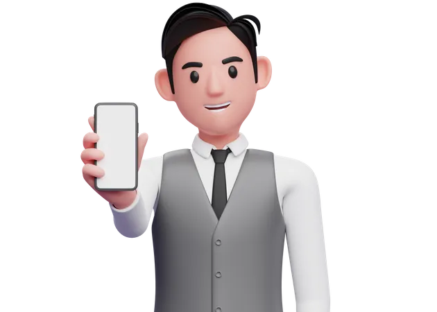 Businessman in gray office vest showing phone screen to the camera  3D Illustration