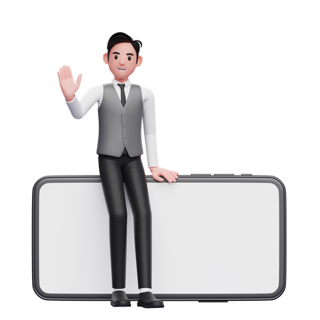 Businessman in gray office vest sitting on a big landscape phone and waving hand  3D Icon