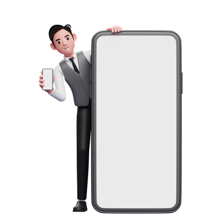 Businessman in gray office vest standing behind a big cellphone while showing the phone screen  3D Illustration