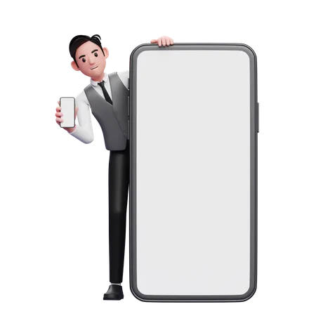 Businessman in gray office vest standing behind a big cellphone while showing the phone screen 3D Illustration