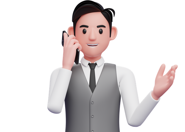 Businessman in gray office vest talking on phone while opening hands with gesture demonstrating  3D Illustration