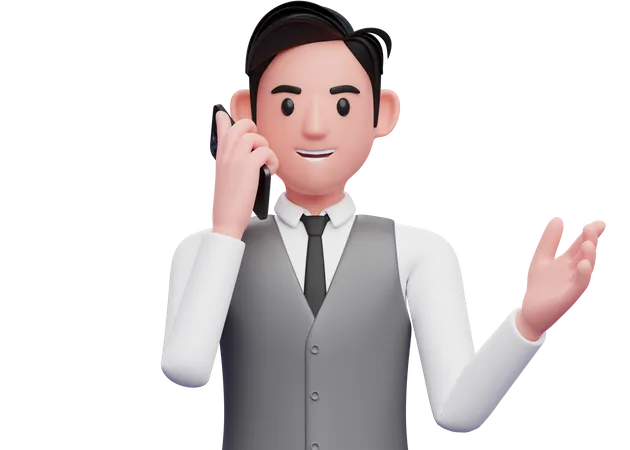 Businessman in gray office vest talking on phone while opening hands with gesture demonstrating  3D Illustration