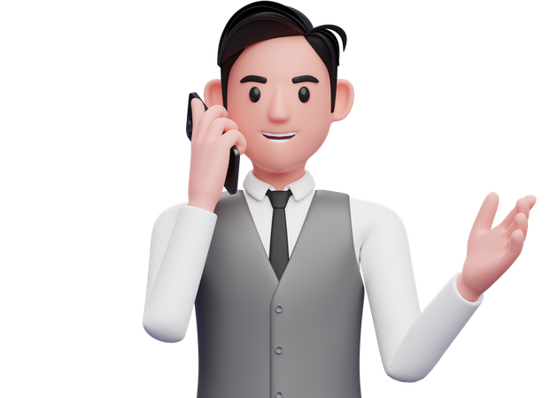 Businessman in gray office vest talking on phone while opening hands with gesture demonstrating 3D Illustration