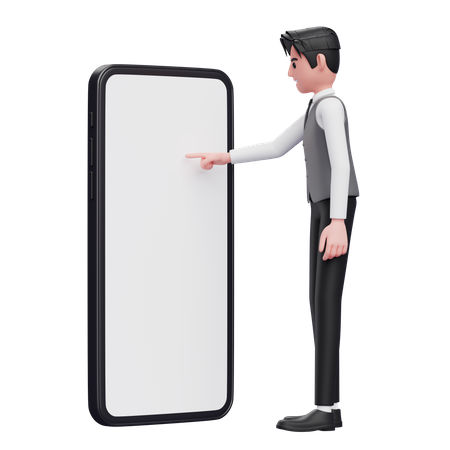 Businessman in gray office vest touching phone screen with index finger  3D Illustration