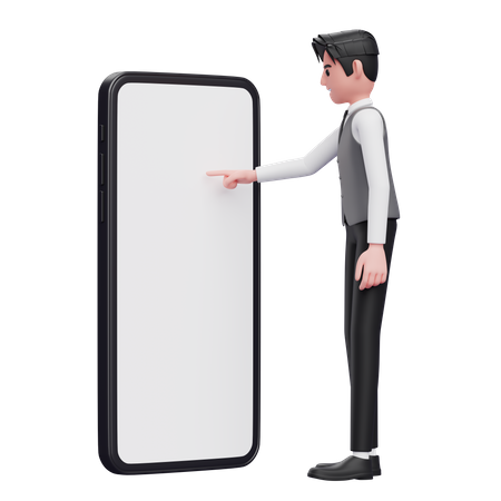 Businessman in gray office vest touching phone screen with index finger 3D Illustration