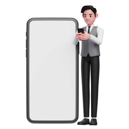 Businessman in gray office vest typing message on mobile phone with giant mobile phone ornament 3D Illustration