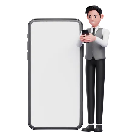 Businessman in gray office vest typing message on mobile phone with giant mobile phone ornament 3D Illustration