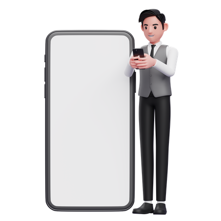 Businessman in gray office vest typing message on mobile phone with giant mobile phone ornament  3D Illustration