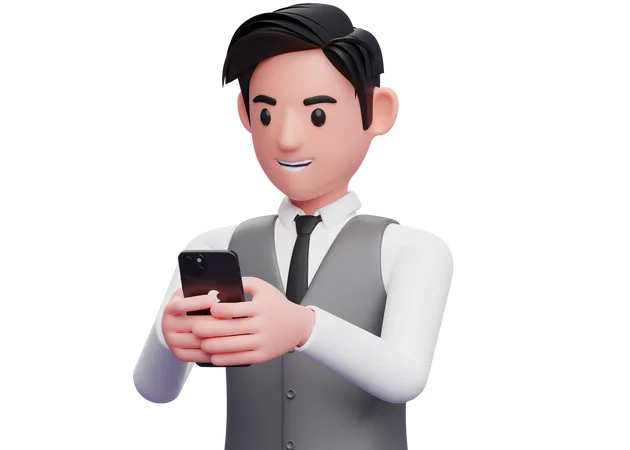 Businessman in gray office vest typing message with cell phone 3D Illustration