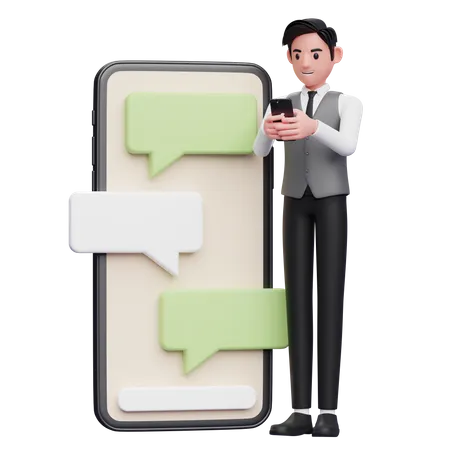 Businessman in gray office vest typing on the phone beside a big phone with bubble chat ornament  3D Illustration