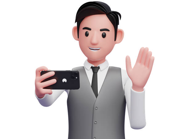 Businessman in gray office vest vlogging at the office  3D Illustration