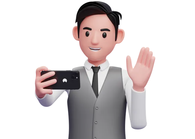 Businessman in gray office vest vlogging at the office  3D Illustration