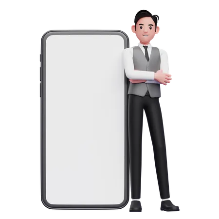 Businessman in gray vest crosses arms and leans on mobile phone with big white screen  3D Illustration