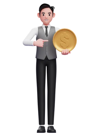 Businessman in gray vest pointing coin in his hand  3D Illustration