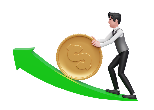 Businessman in gray vest pushes dollar gold coin towards upward growth  3D Illustration