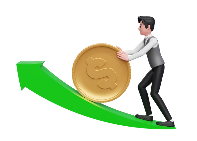 Businessman in gray vest pushes dollar gold coin towards upward growth  3D Illustration