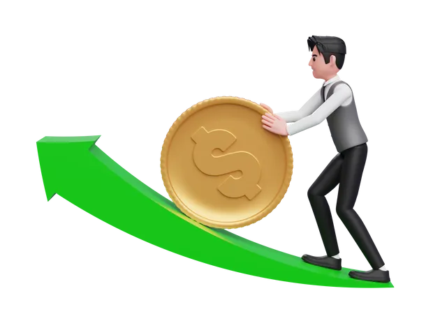 Businessman in gray vest pushes dollar gold coin towards upward growth 3D Illustration