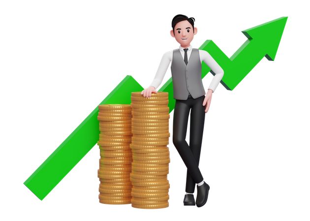 Businessman in gray vest showing off pile of gold coins with positive statistics arrow ornament 3D Illustration